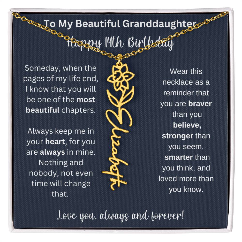 14th Birthday Gift For Granddaughter | Personalized Birth Flower Name Necklace
