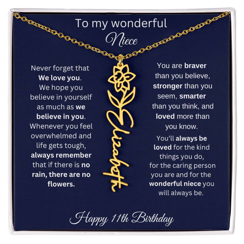 11th Birthday Gift For Niece - Personalized Birthmonth Flower Name Necklace