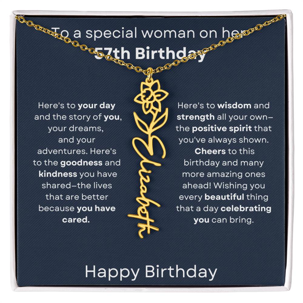 To A Special Woman On Her 57th Birthday - Flower Name Necklace