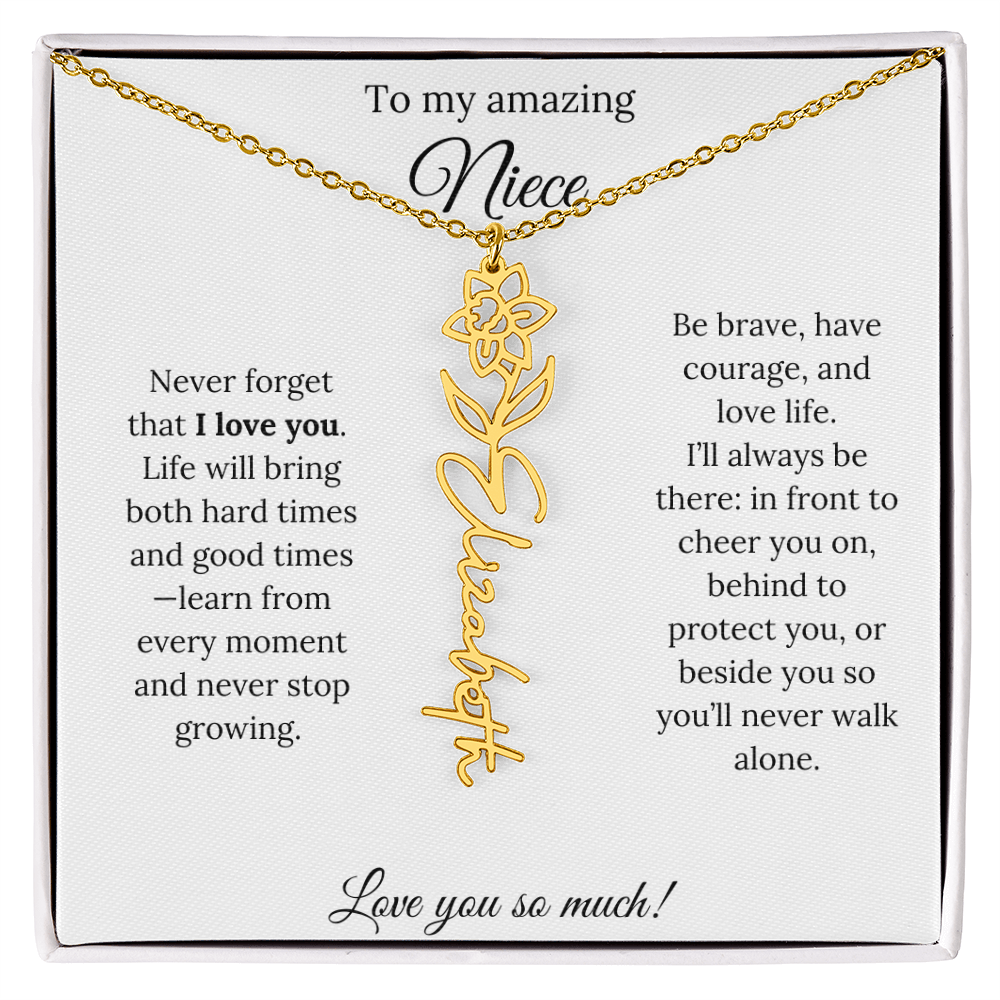 Niece Gift – Birth Flower Name Necklace + Inspiring Message Card