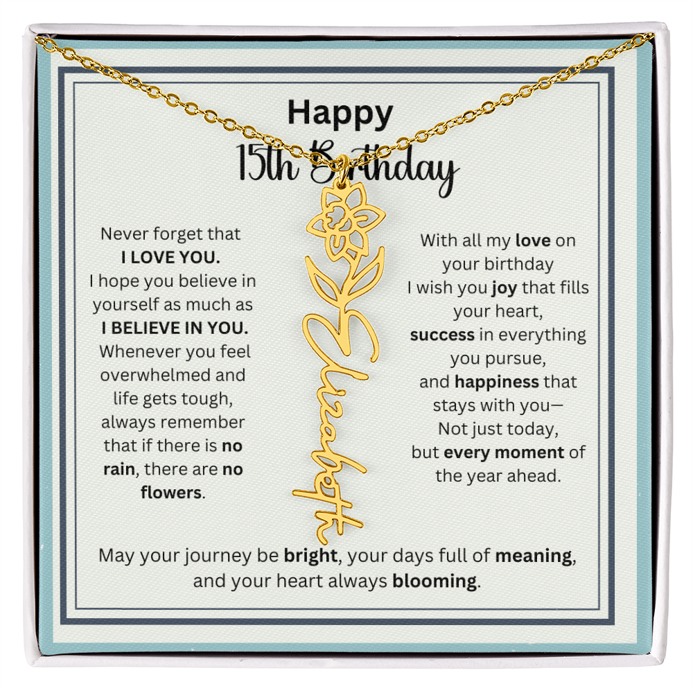 Personalized 15th Birthday Gift for Her - Birth Flower Necklace with Card