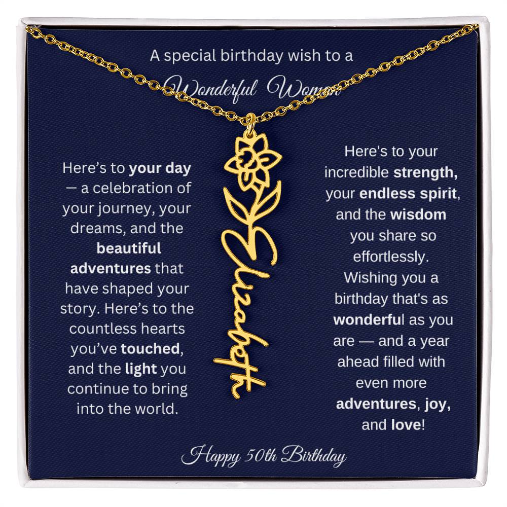 Happy 50th Birthday - Personalized Birth Flower Name Necklace with Message Card