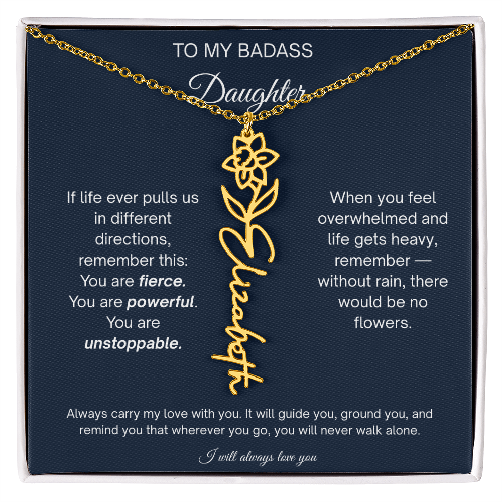 Badass Daughter Personalized Birth Flower Name Necklace