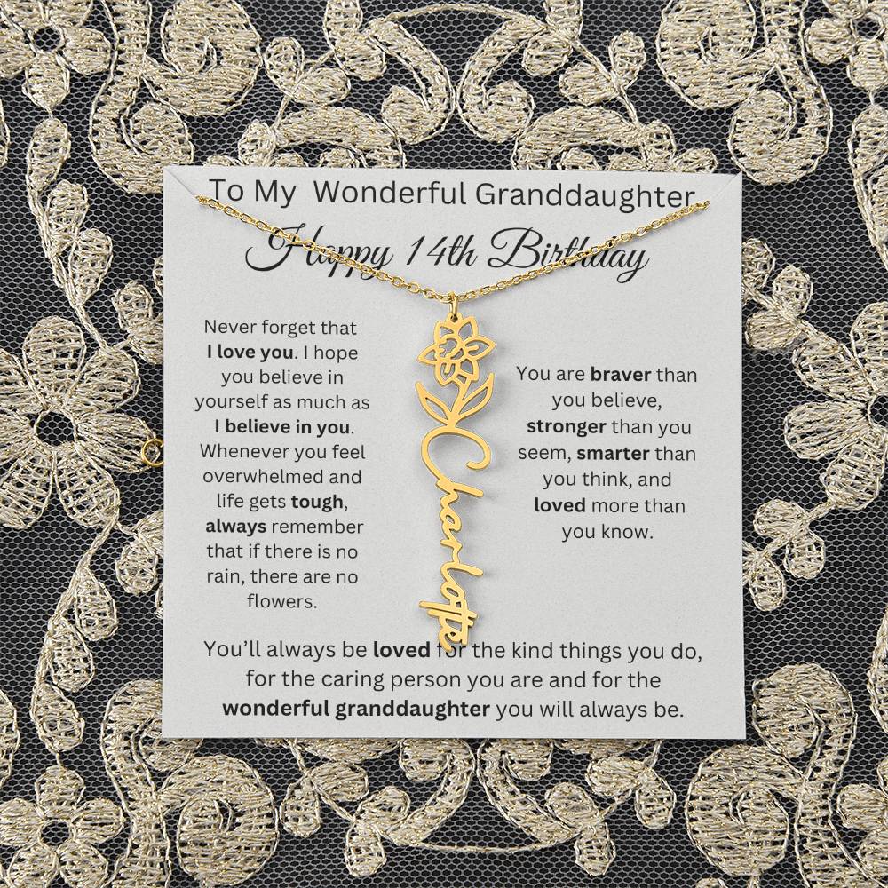 To My Wonderful Granddaughter - Happy 14th Birthday - Flower Name Necklace