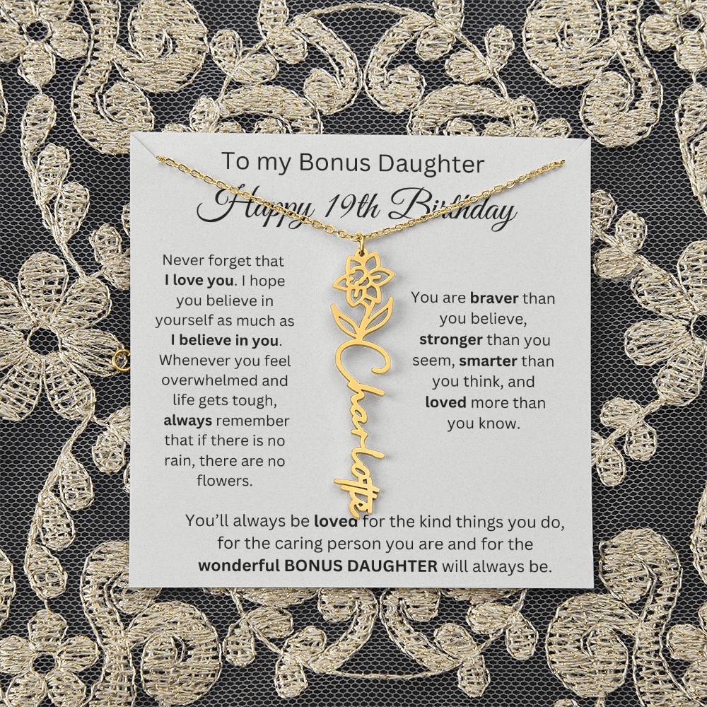 To My Bonus Daughter | Happy 19th Birthday | Flower Name Necklace