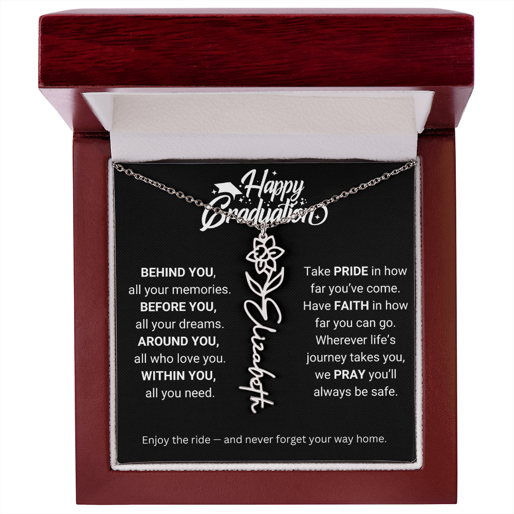 Happy Graduation | Enjoy The Ride & Never Forget Your Way Home | Flower Name Necklace