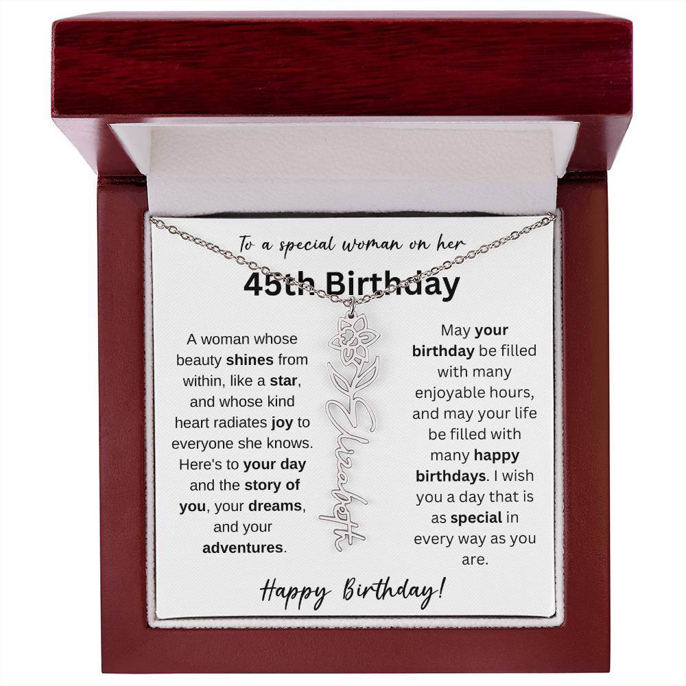To A Special Woman - Happy 45th Birthday - Flower Name Necklace