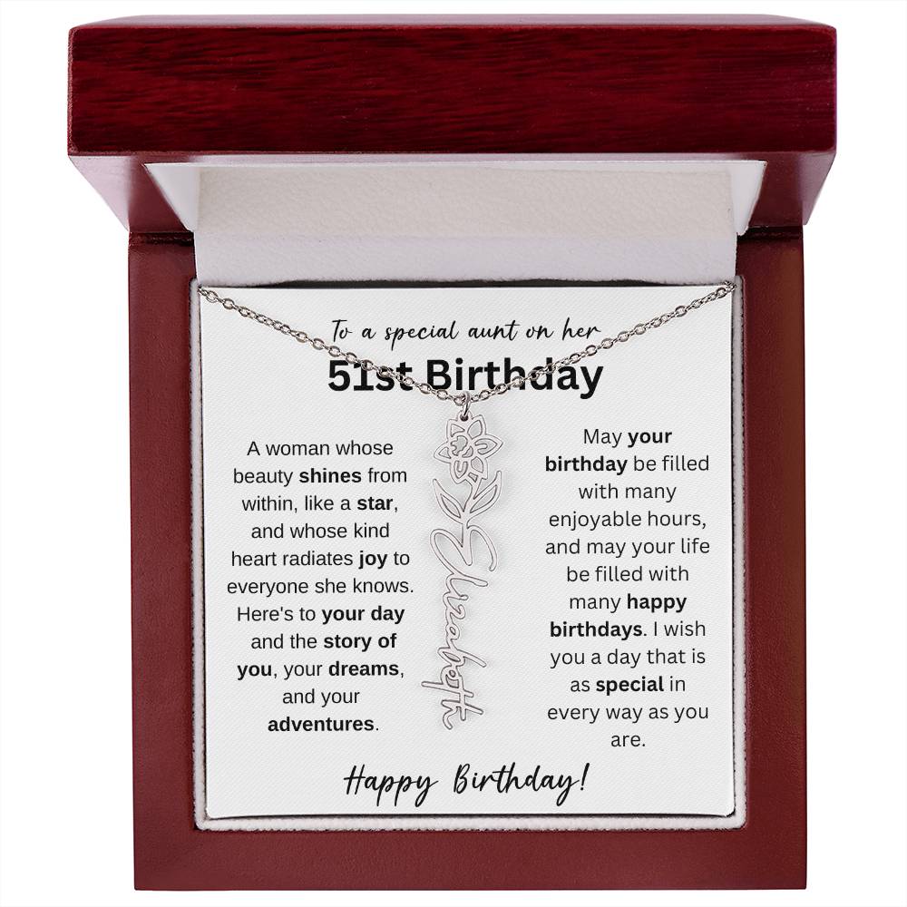 To A Special Aunt Happy 51st Birthday - Flower Name Necklace