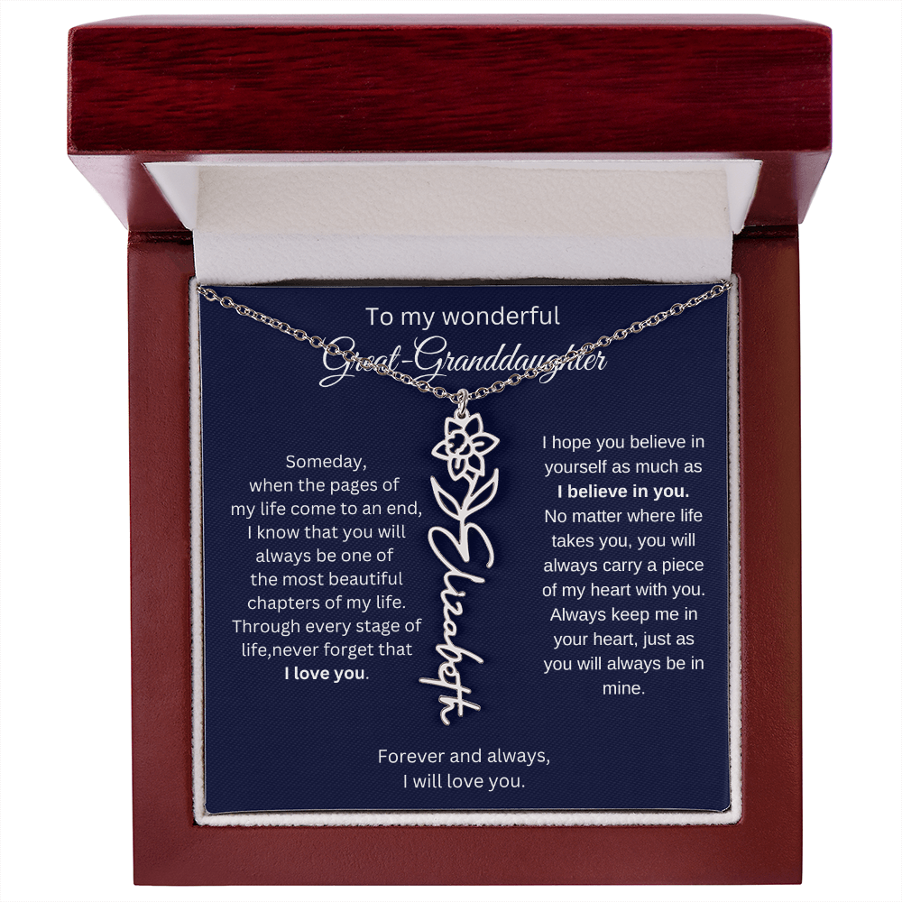 Great Granddaughter Jewelry Gift - Birth Flower Name Necklace