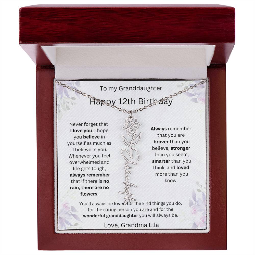 To My Granddaughter - Happy 12th Birthday | Flower Name Necklace