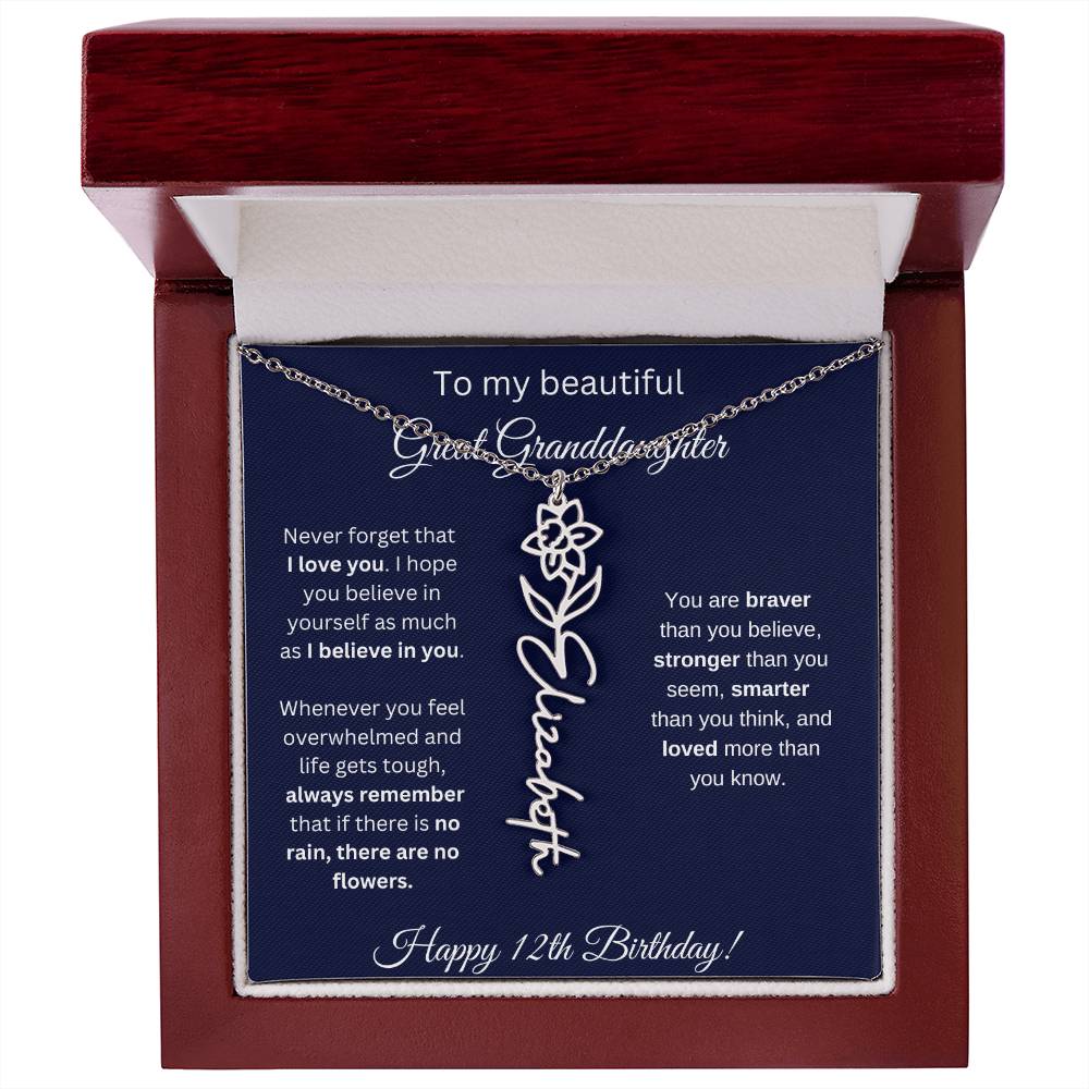 12th Birthday Gift For Great Granddaughter - Birthmonth Flower Name Necklace