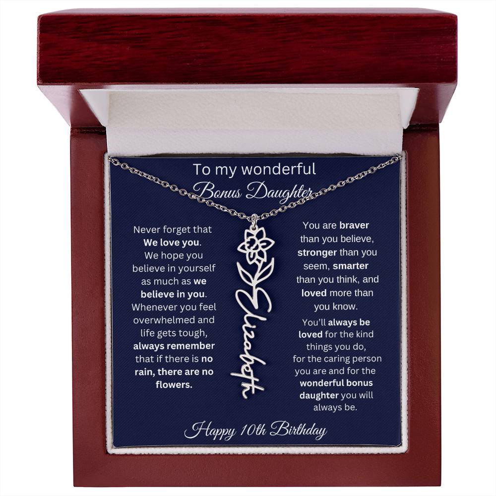 10th Birthday Gift For Bonus Daughter - Personalized Birthmonth Flower Name Necklace