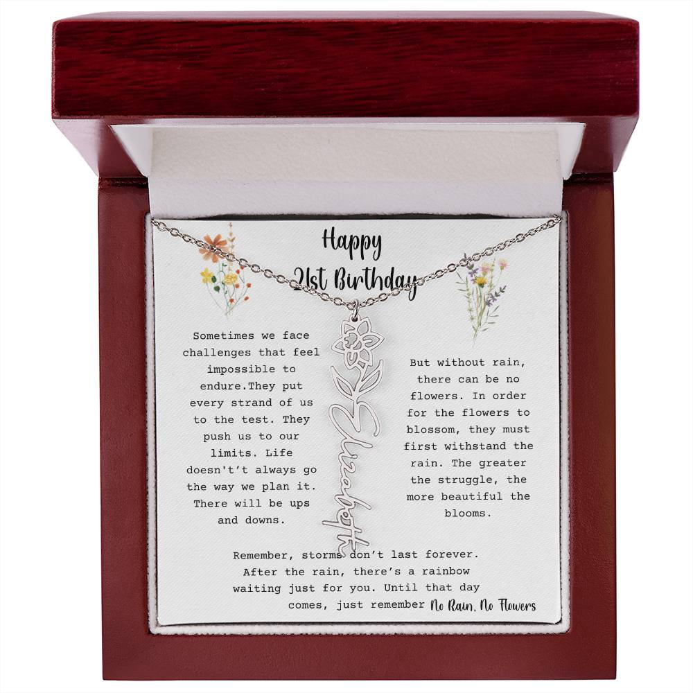 No Rain, No Flowers - Happy 21st Birthday - Flower Name Necklace