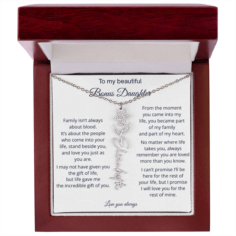 Bonus Daughter Jewelry Gift - Personalized Birth Flower Name Necklace