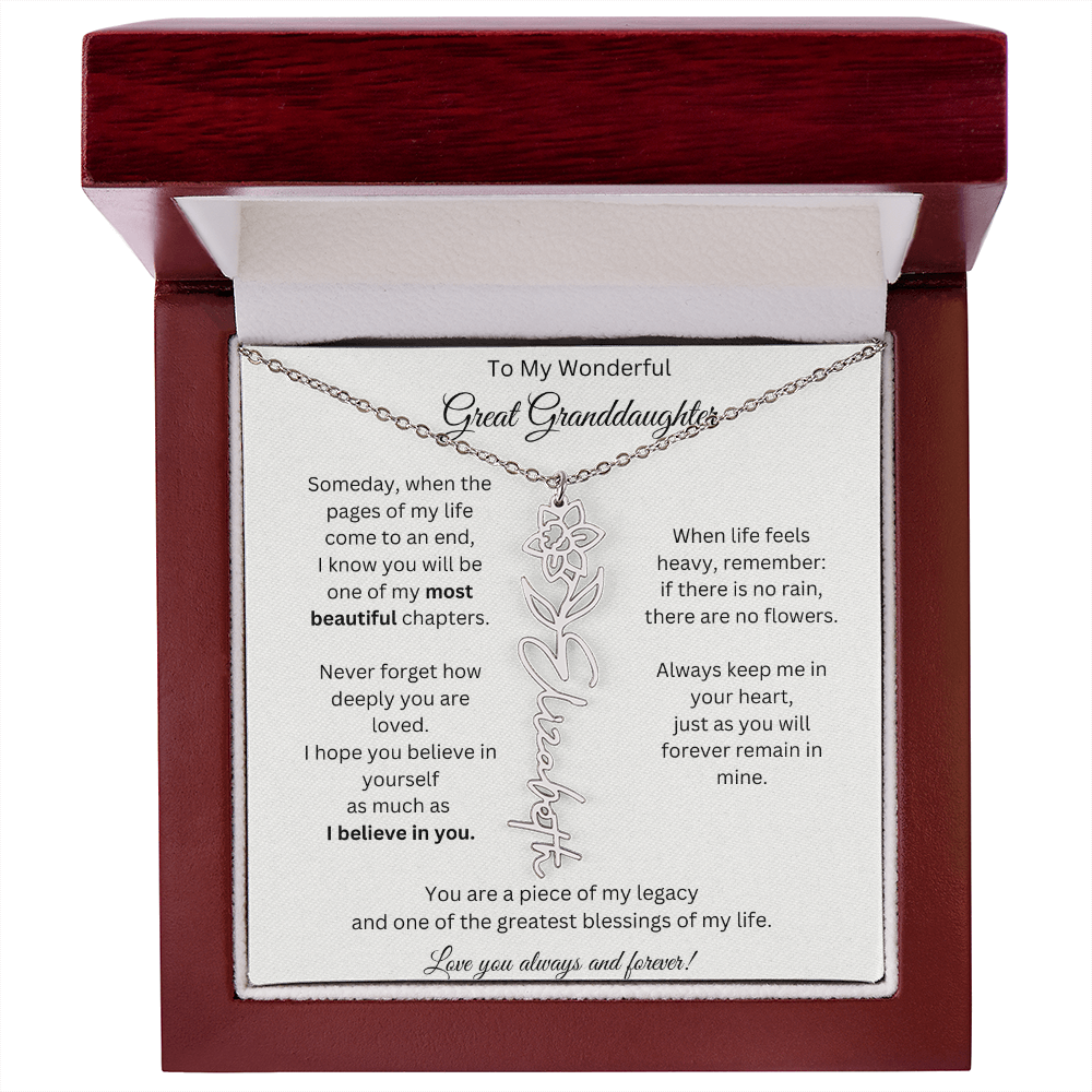 Great Granddaughter Gift - Custom Birth Flower Name Necklace