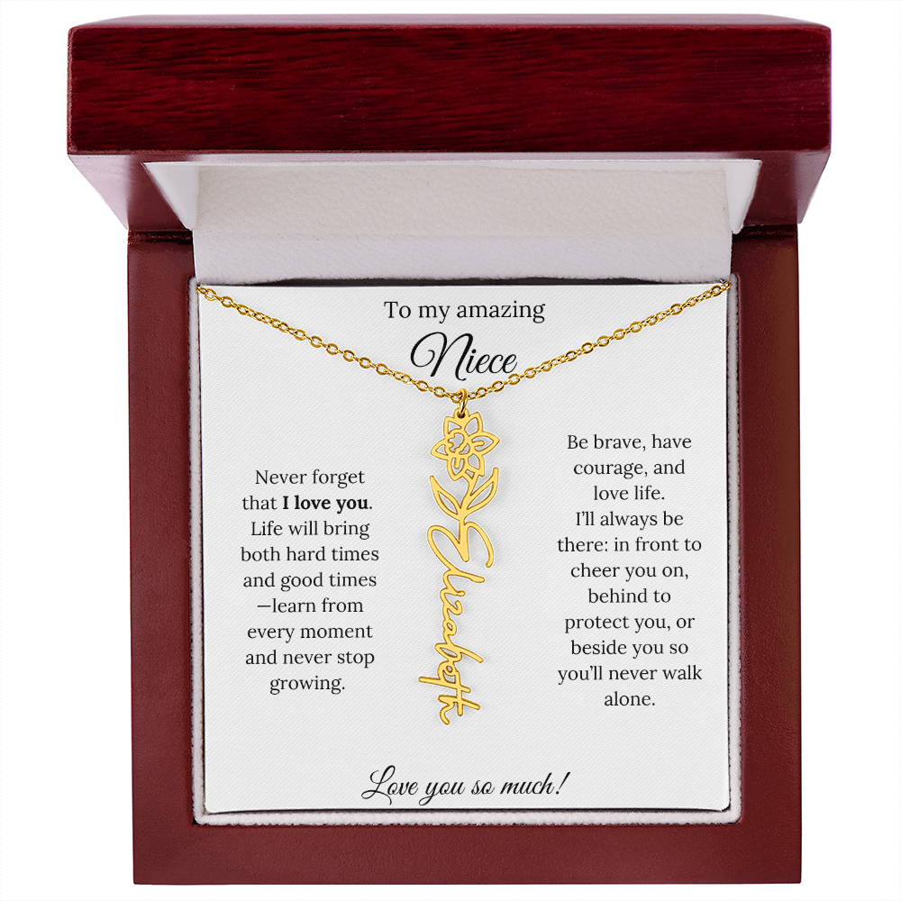 Niece Gift – Birth Flower Name Necklace + Inspiring Message Card