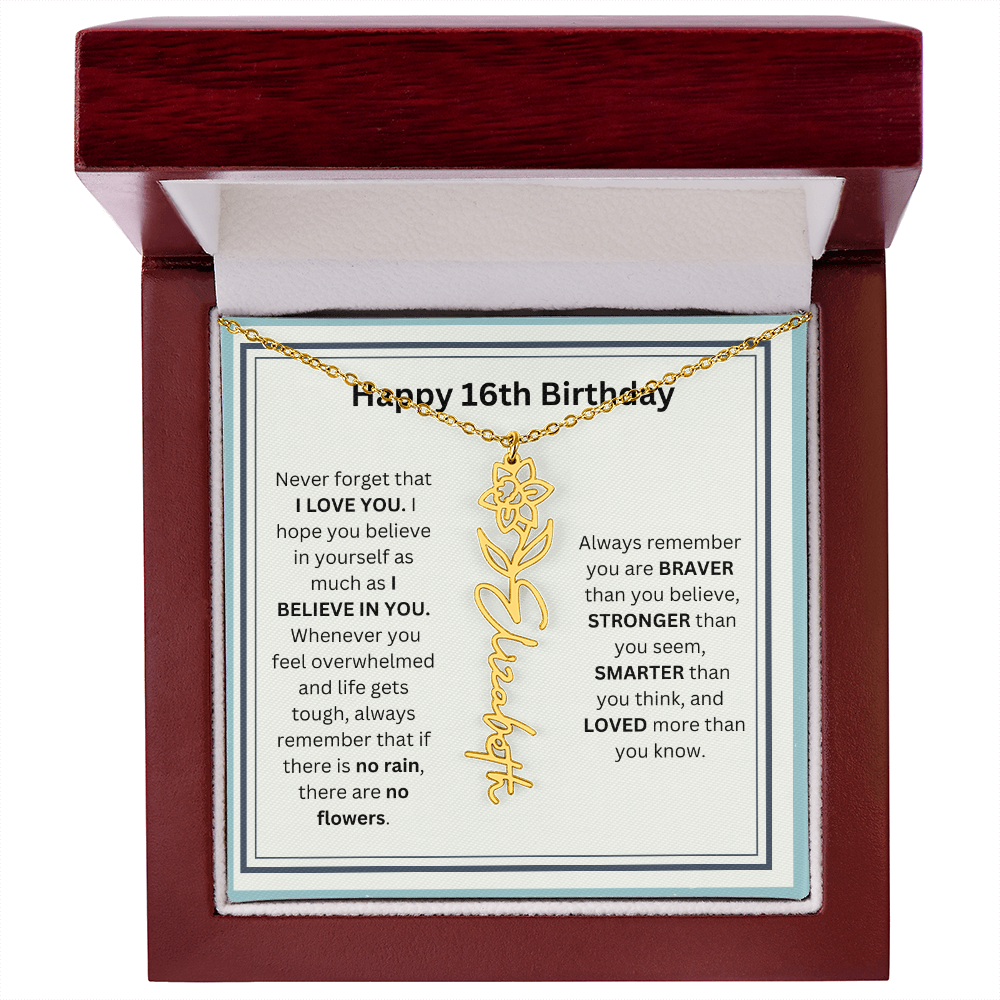 Personalized 16th Birthday Flower Name Necklace Gift