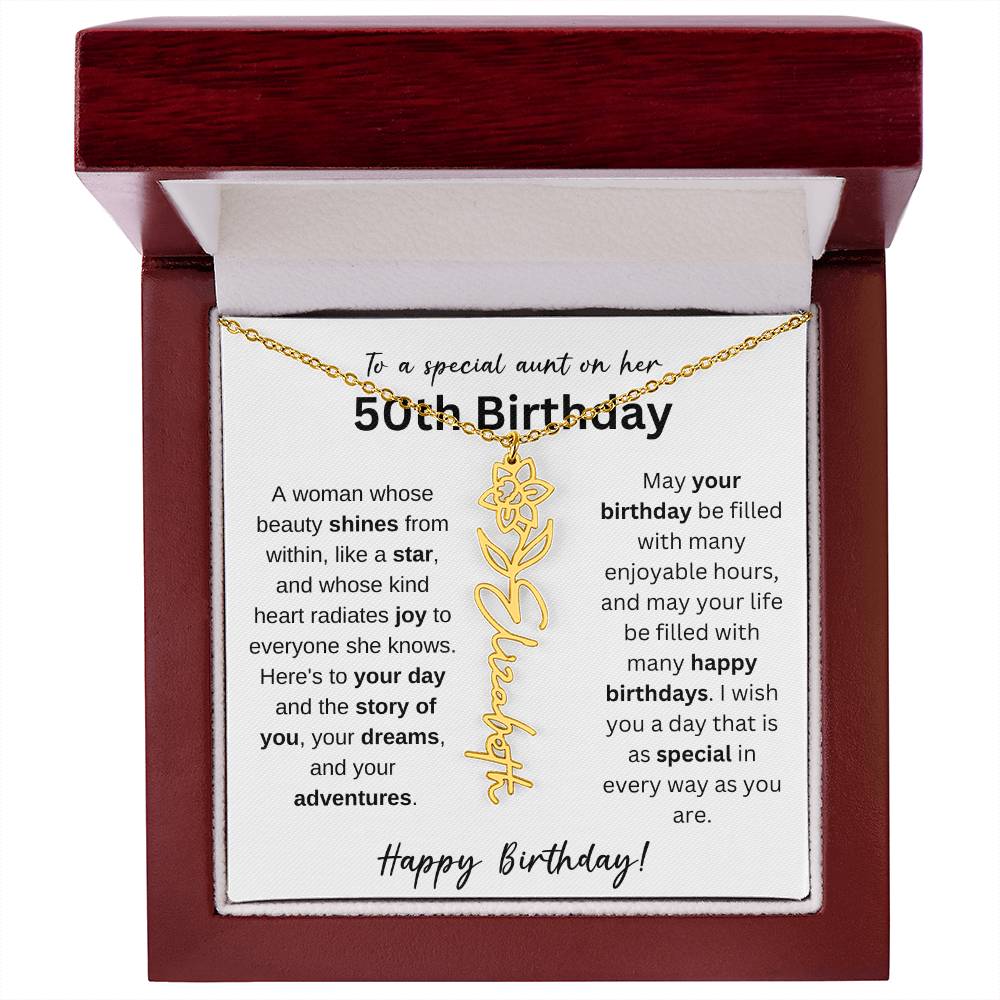 To A Special Aunt Happy 50th Birthday - Flower Name Necklace