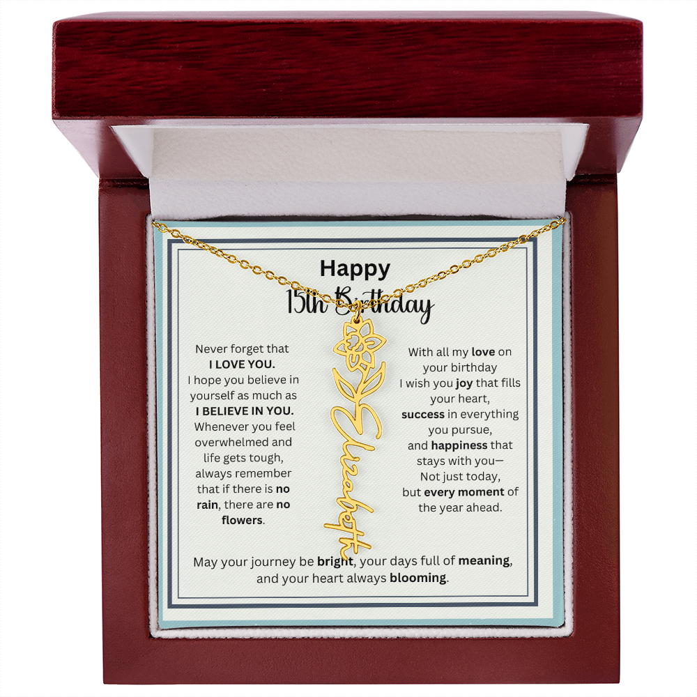 Personalized 15th Birthday Gift for Her - Birth Flower Necklace with Card