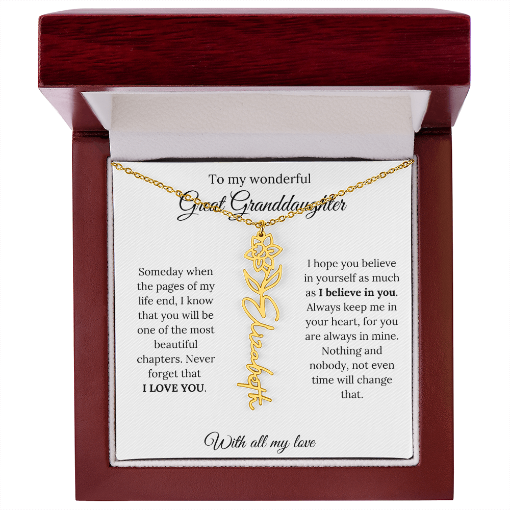 Great Granddaughter Birth Flower Name Necklace – “You Are One of the Most Beautiful Chapters” – Custom Keepsake Jewelry Gift