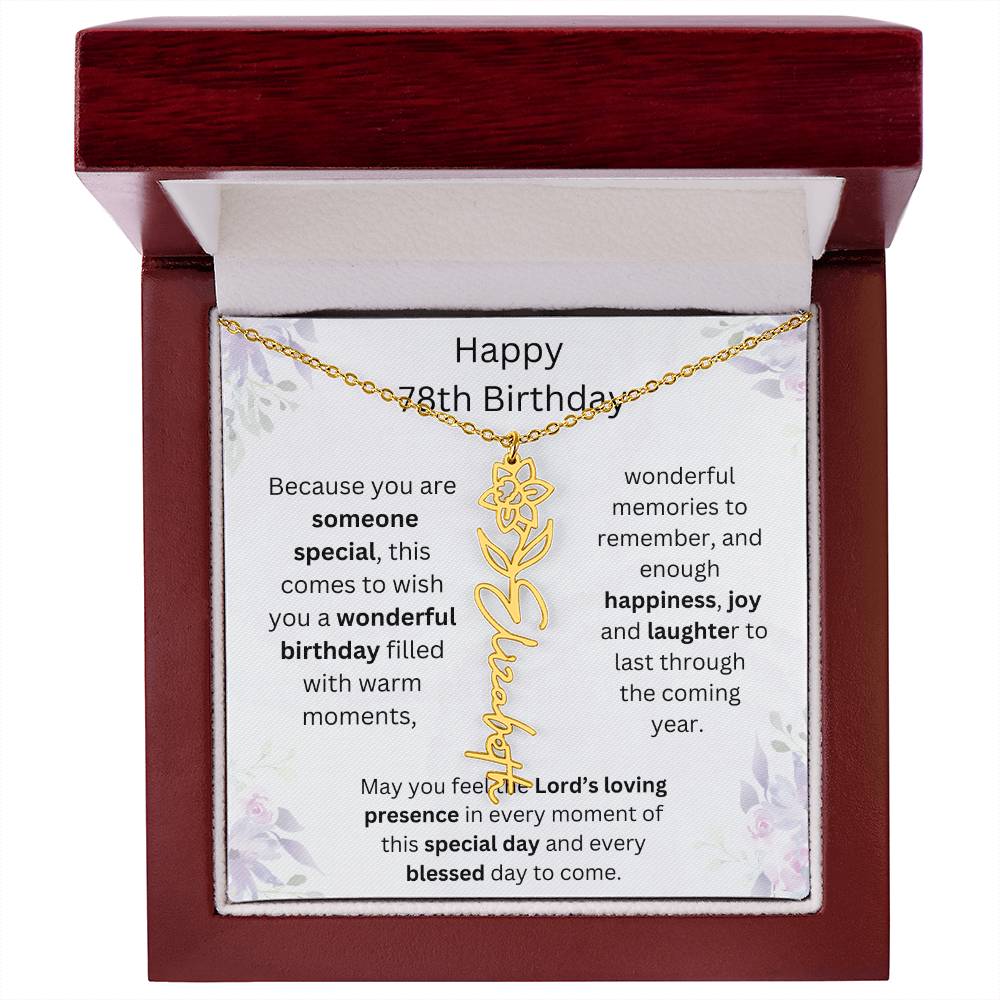 Wishing You Happiness, Joy & Laughter - Happy 78th Birthday | Flower Name Necklace