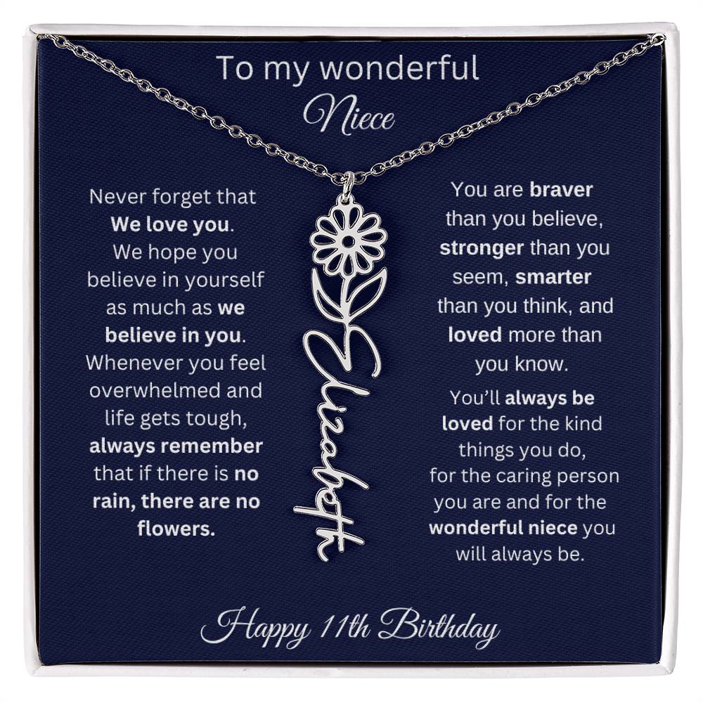 11th Birthday Gift For Niece - Personalized Birthmonth Flower Name Necklace