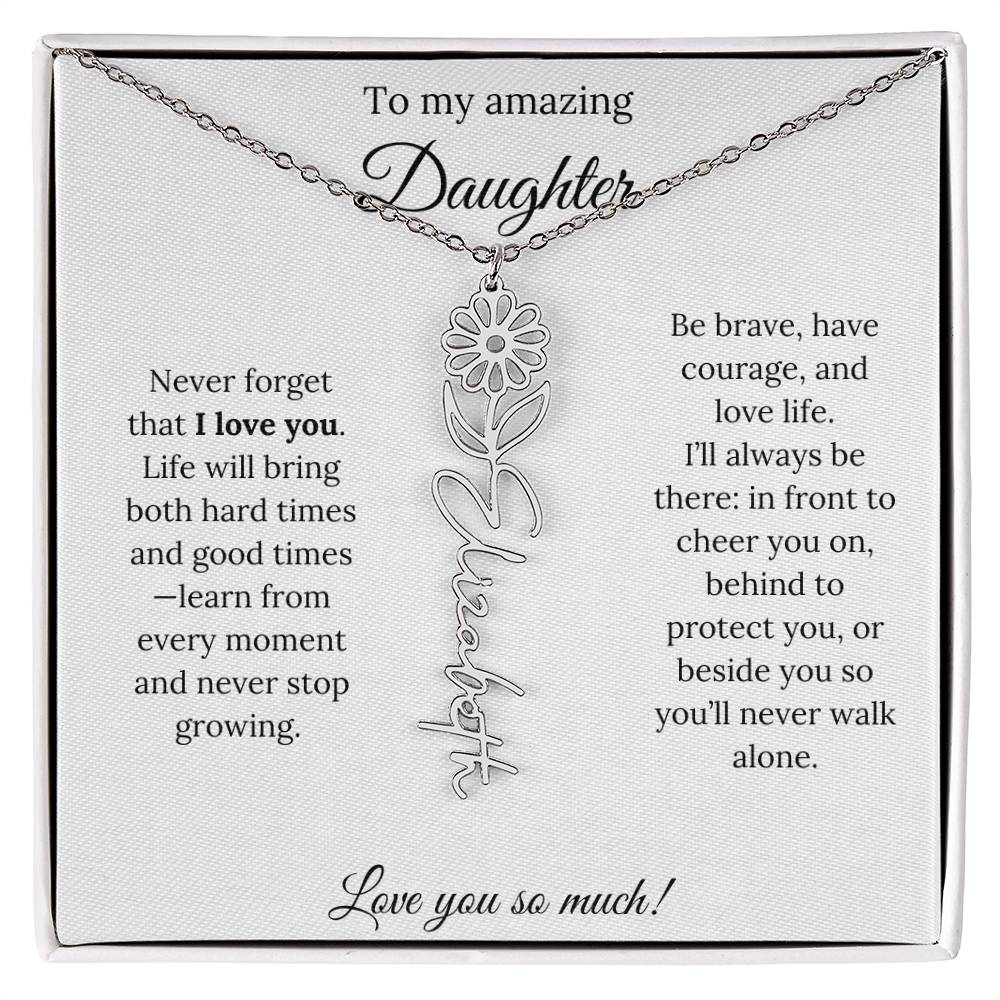 Personalized Daughter Necklace with Birth Flower Name & Inspiring Quote Card