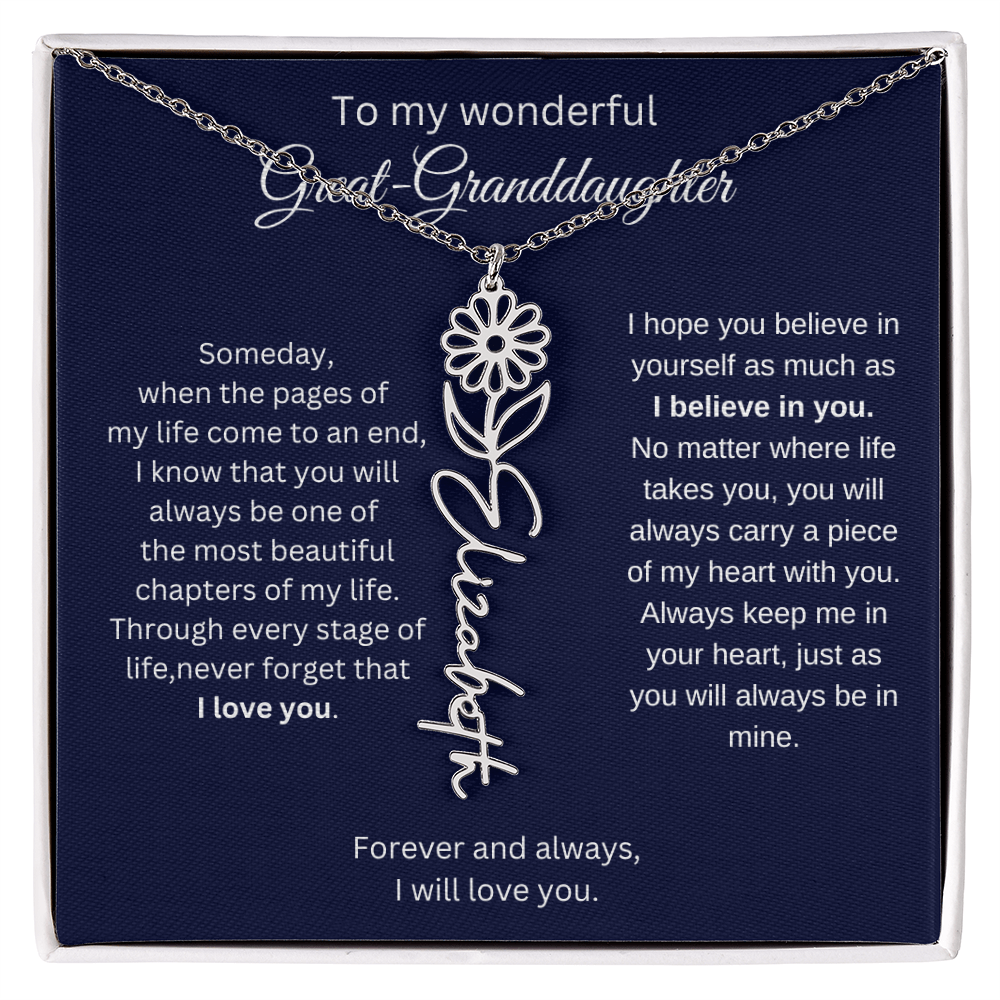 Great Granddaughter Jewelry Gift - Birth Flower Name Necklace
