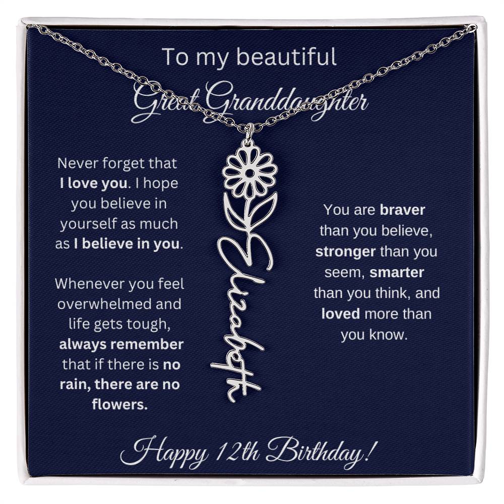 12th Birthday Gift For Great Granddaughter - Birthmonth Flower Name Necklace