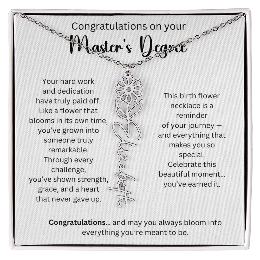 Personalized Masters Graduation Keepsake Gift - Birth Flower Name Necklace
