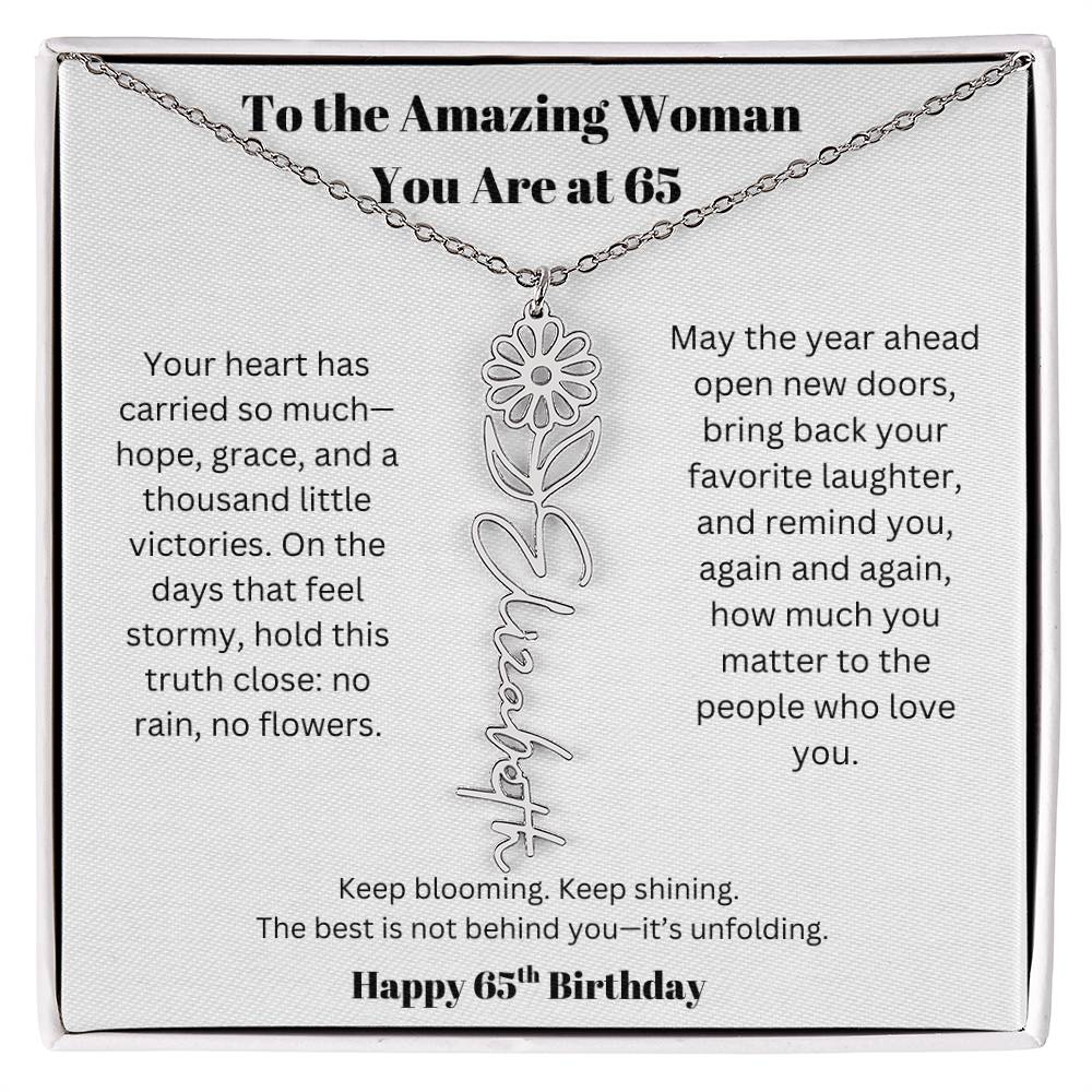 To The Amazing Woman | 65th Birthday Keepsake Jewelry | Flower Name Necklace