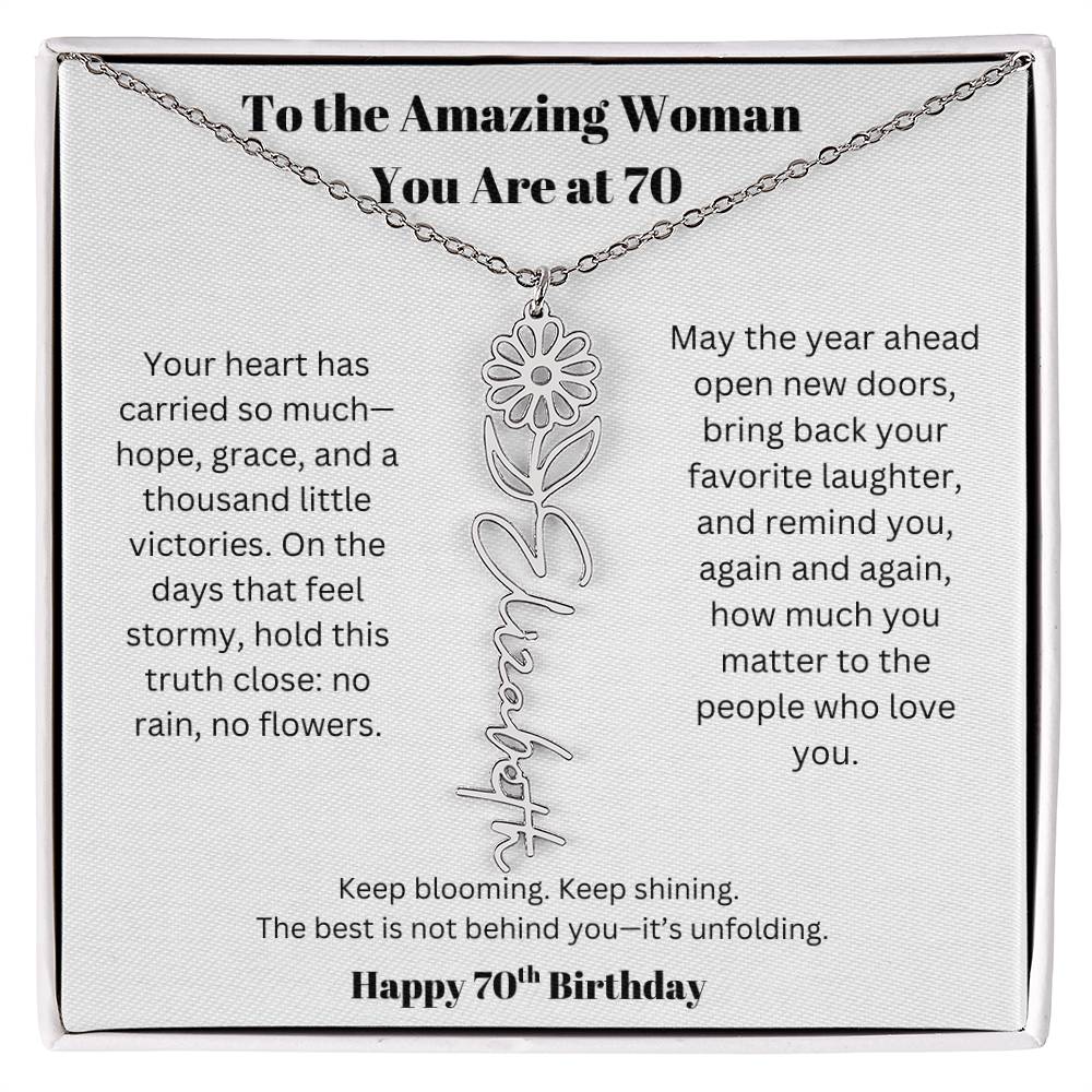To The Amazing Woman | 70th Birthday Keepsake Jewelry | Flower Name Necklace