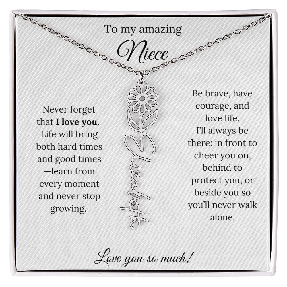 Niece Gift – Birth Flower Name Necklace + Inspiring Message Card