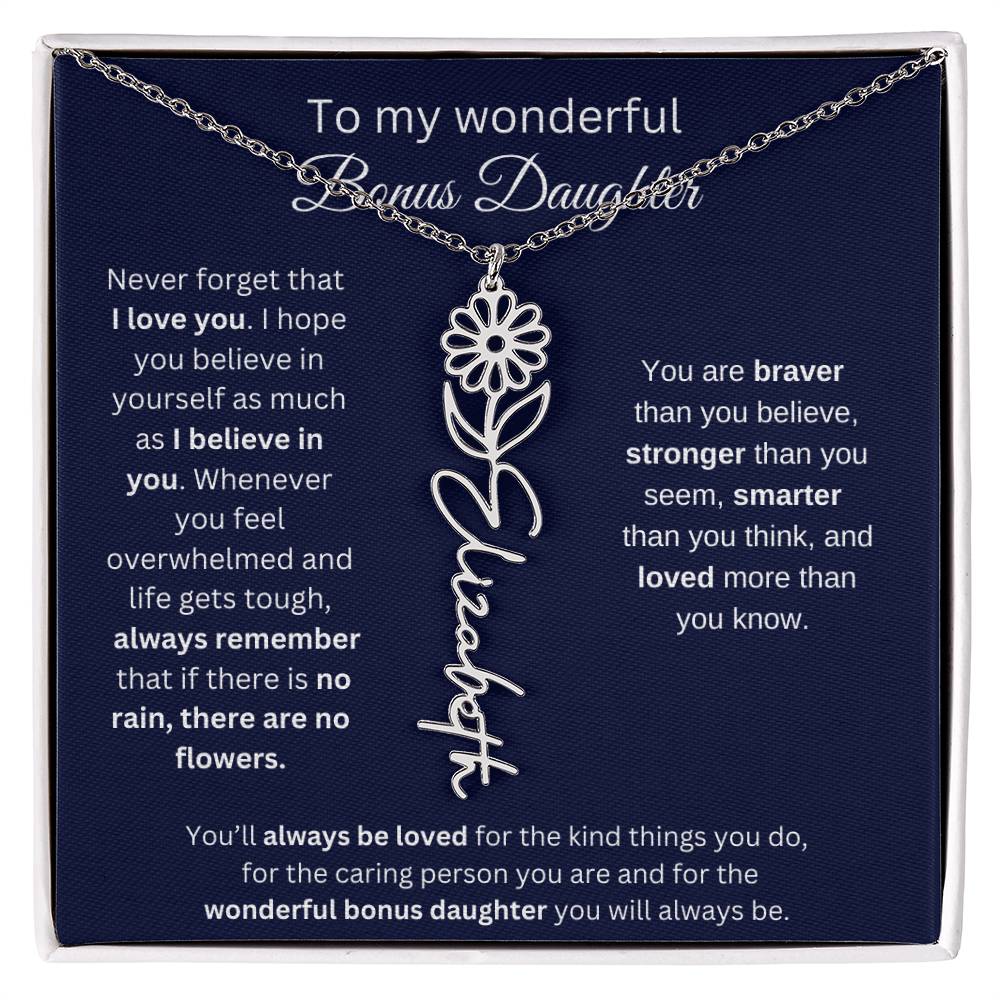 To My Wonderful Bonus Daughter - I Love You - Flower Name Necklace