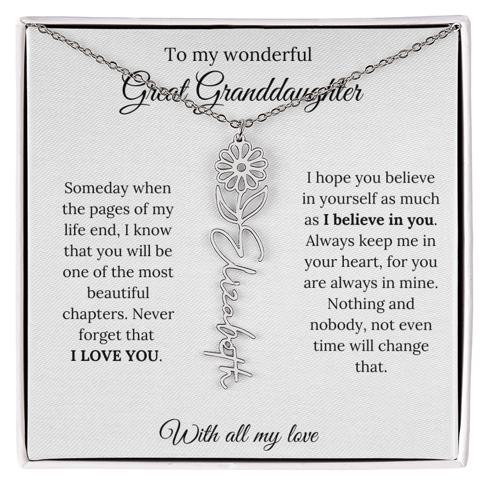 Great Granddaughter Birth Flower Name Necklace – “You Are One of the Most Beautiful Chapters” – Custom Keepsake Jewelry Gift