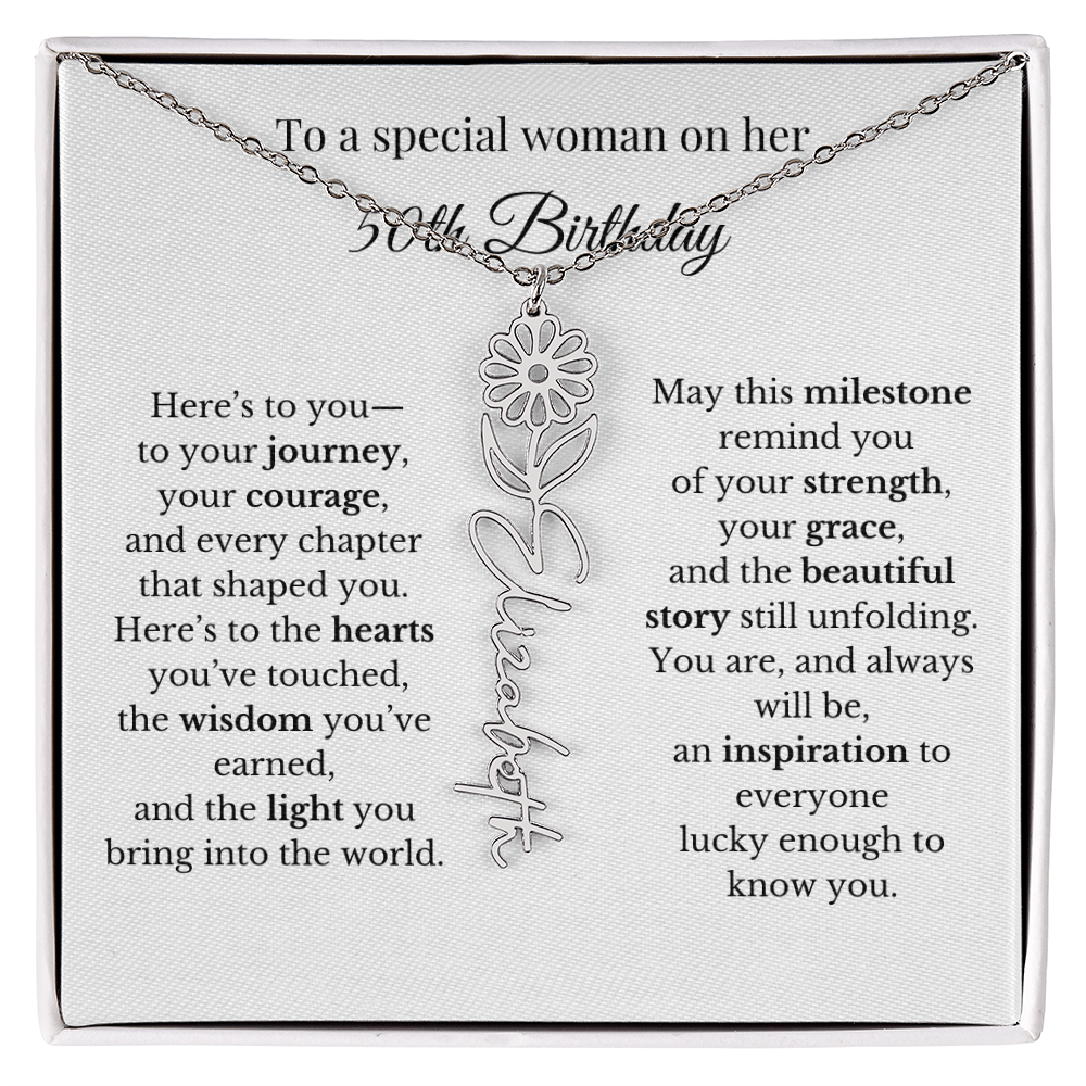 50th Birthday Gift To A Special Woman | Personalized Birth Flower Name Necklace