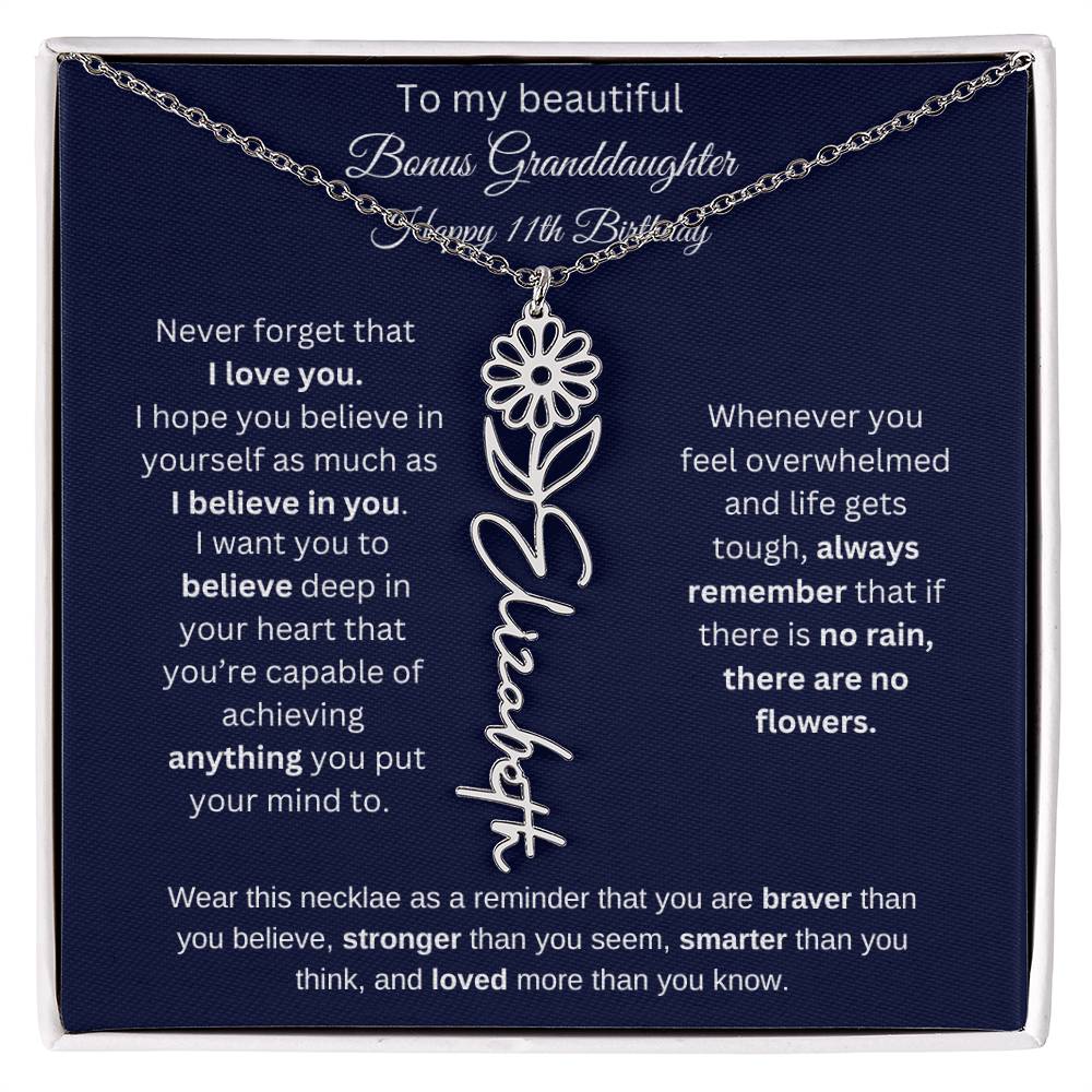 Bonus Granddaughter 11th Birthday | I Love You | Flower Name Necklace