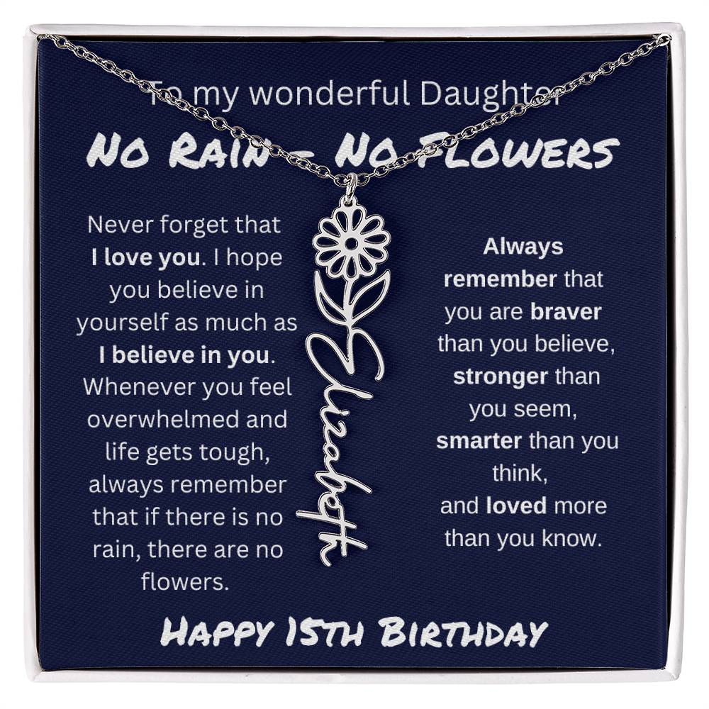 No Rain - No Flower | Happy 15th Birthday | Flower Name Necklace