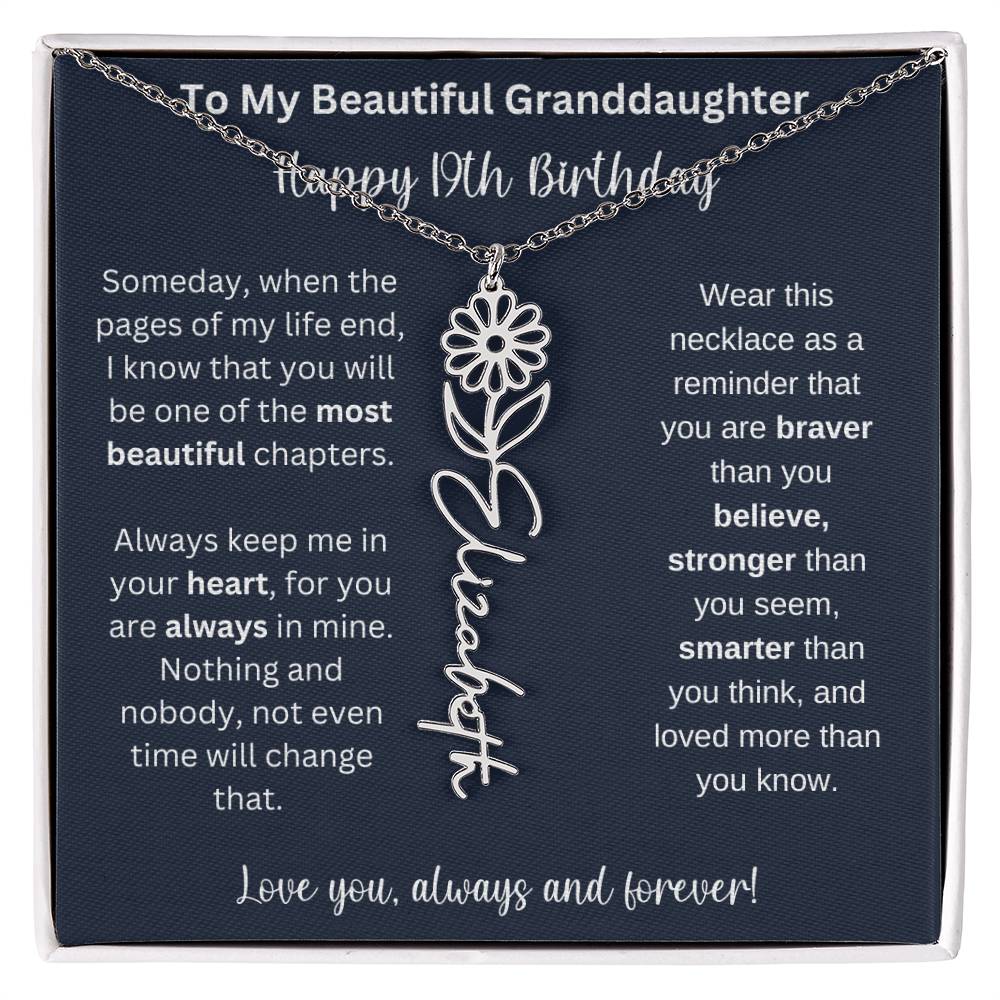 19th Birthday Gift For Granddaughter | Personalized Birth Flower Name Necklace