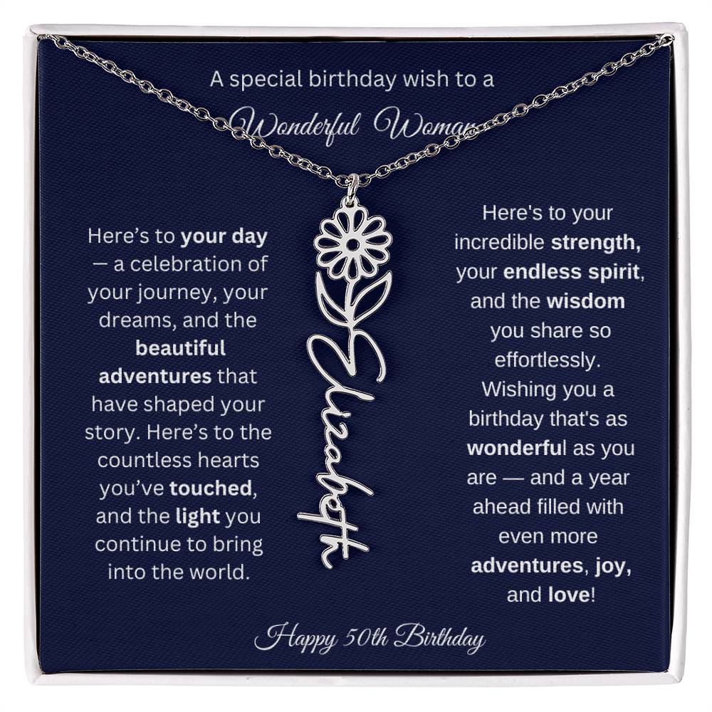 Happy 50th Birthday - Personalized Birth Flower Name Necklace with Message Card