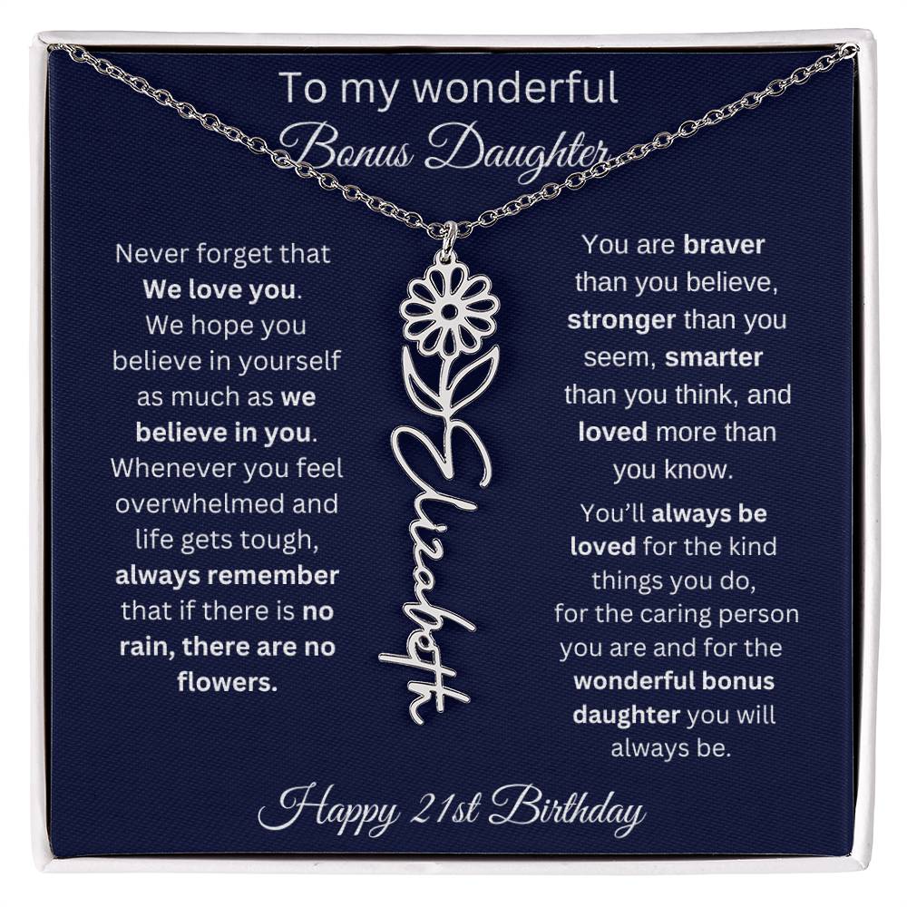 21st Birthday Gift For Bonus Daughter - Personalized Birthmonth Flower Name Necklace