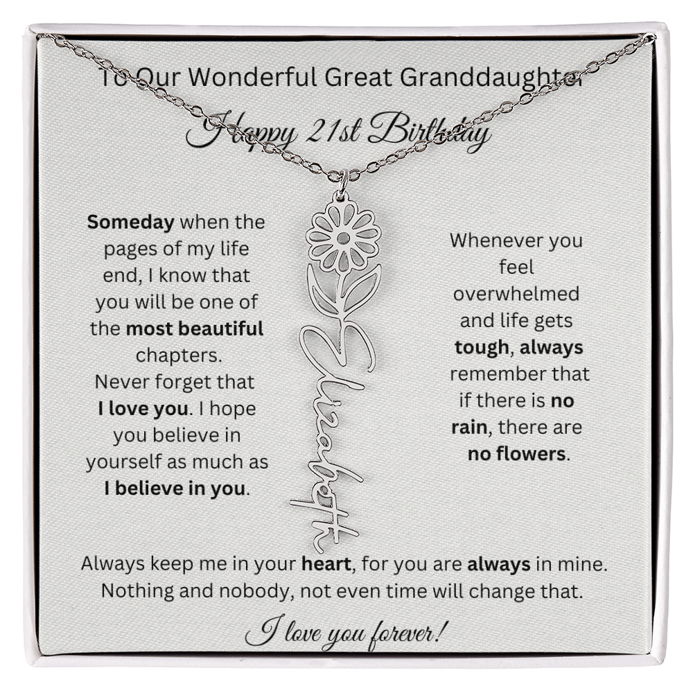 Birthflower Name Necklace To My Great Granddaughter's 21st Birthday
