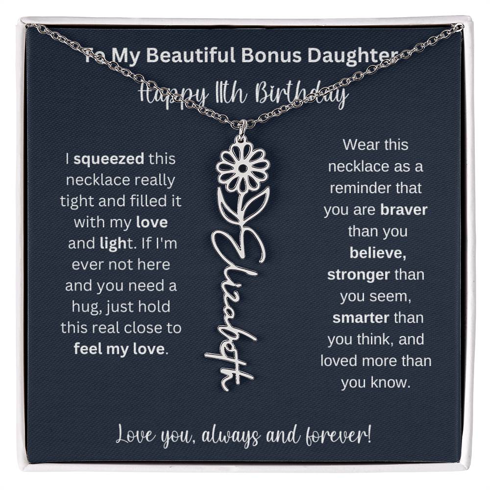 To My Beautiful Bonus Daughter | Happy 11th Birthday | Flower Name Necklace