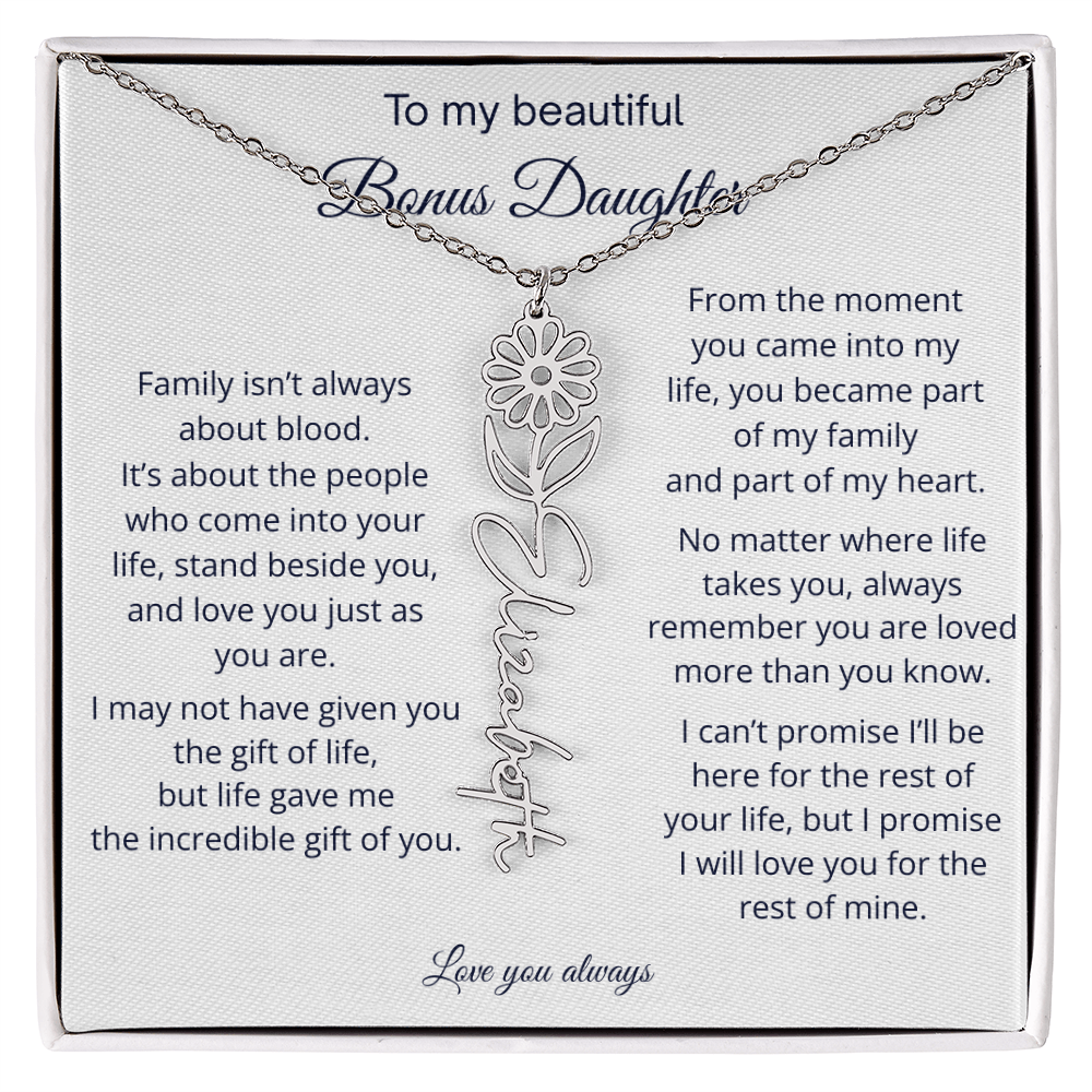 Bonus Daughter Jewelry Gift - Personalized Birth Flower Name Necklace