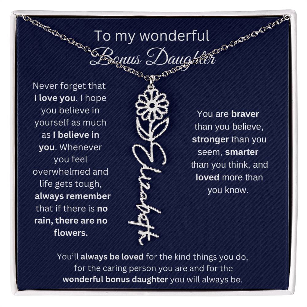 To My Wonderful Bonus Daughter - I Love You - Flower Name Necklace