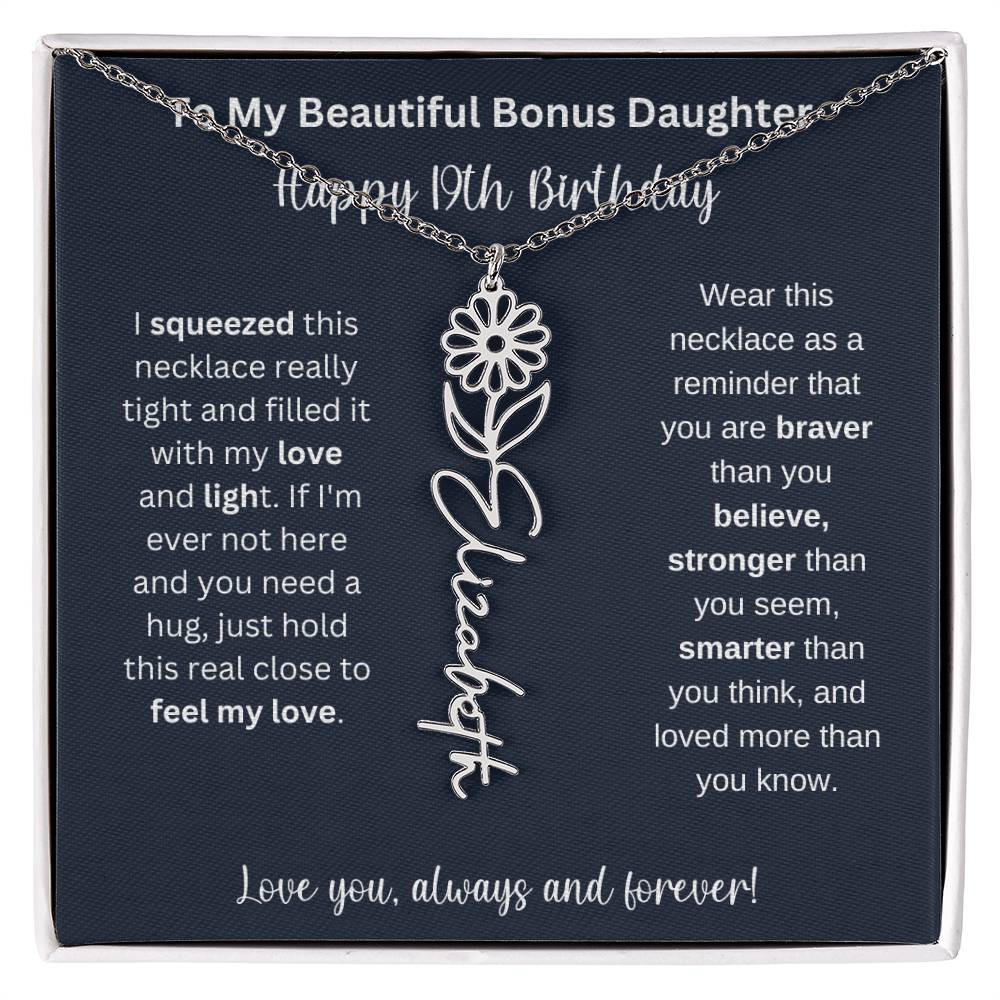 To My Beautiful Bonus Daughter | Happy 19th Birthday | Flower Name Necklace