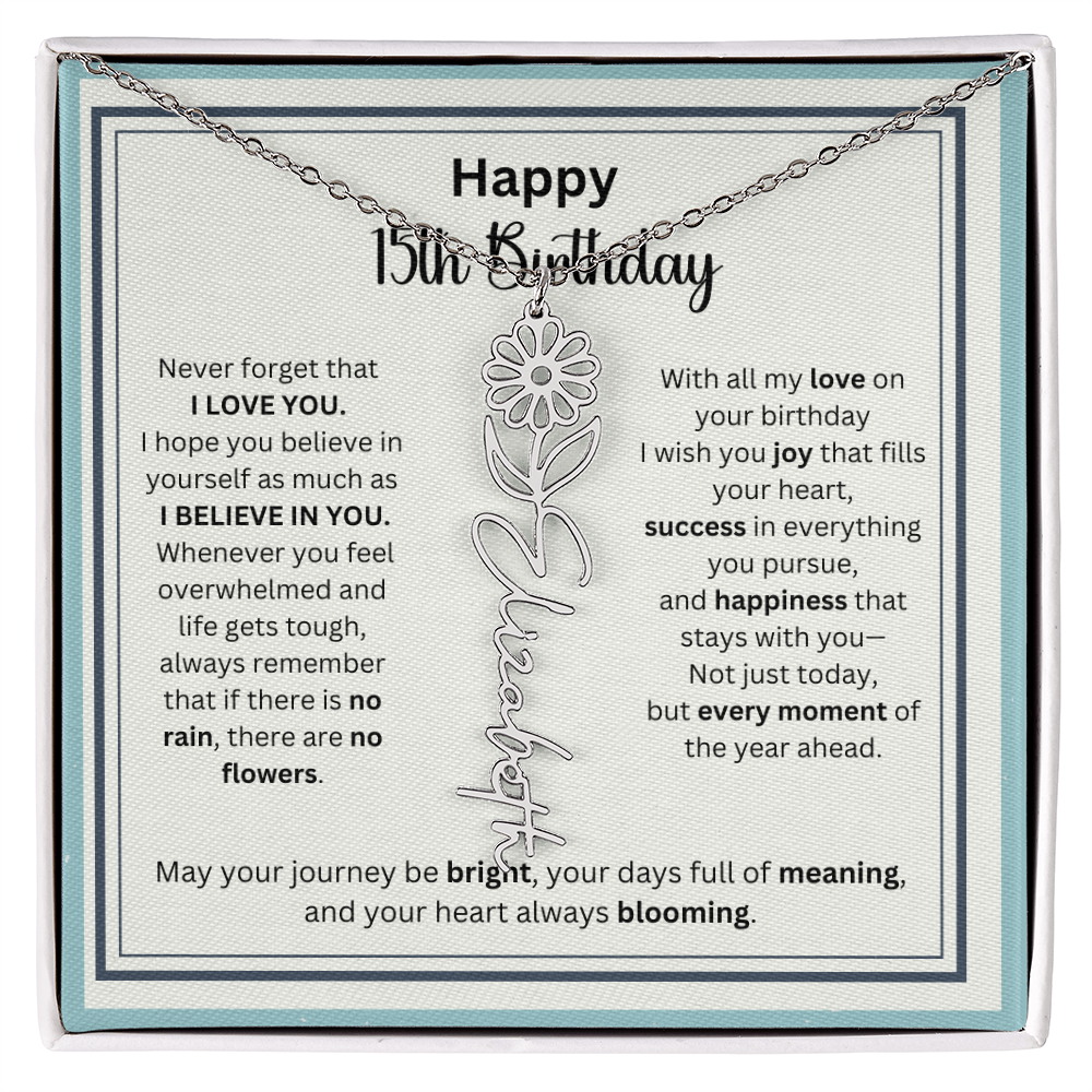 Personalized 15th Birthday Gift for Her - Birth Flower Necklace with Card