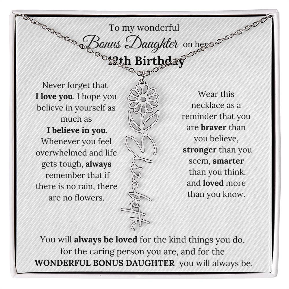 To My Wonderful Bonus Daughter On Her 12th Birthday | I Love You | Flower Name Necklace