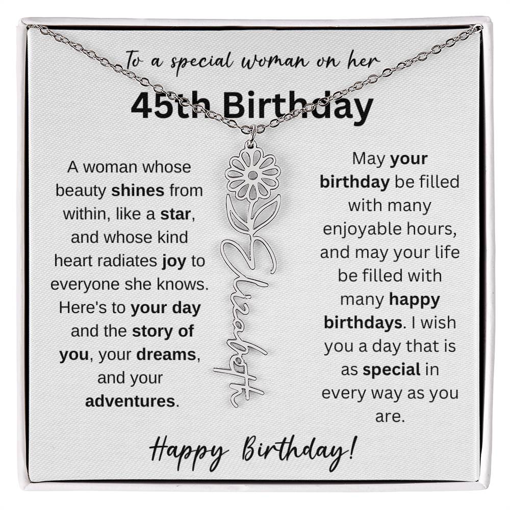 To A Special Woman - Happy 45th Birthday - Flower Name Necklace