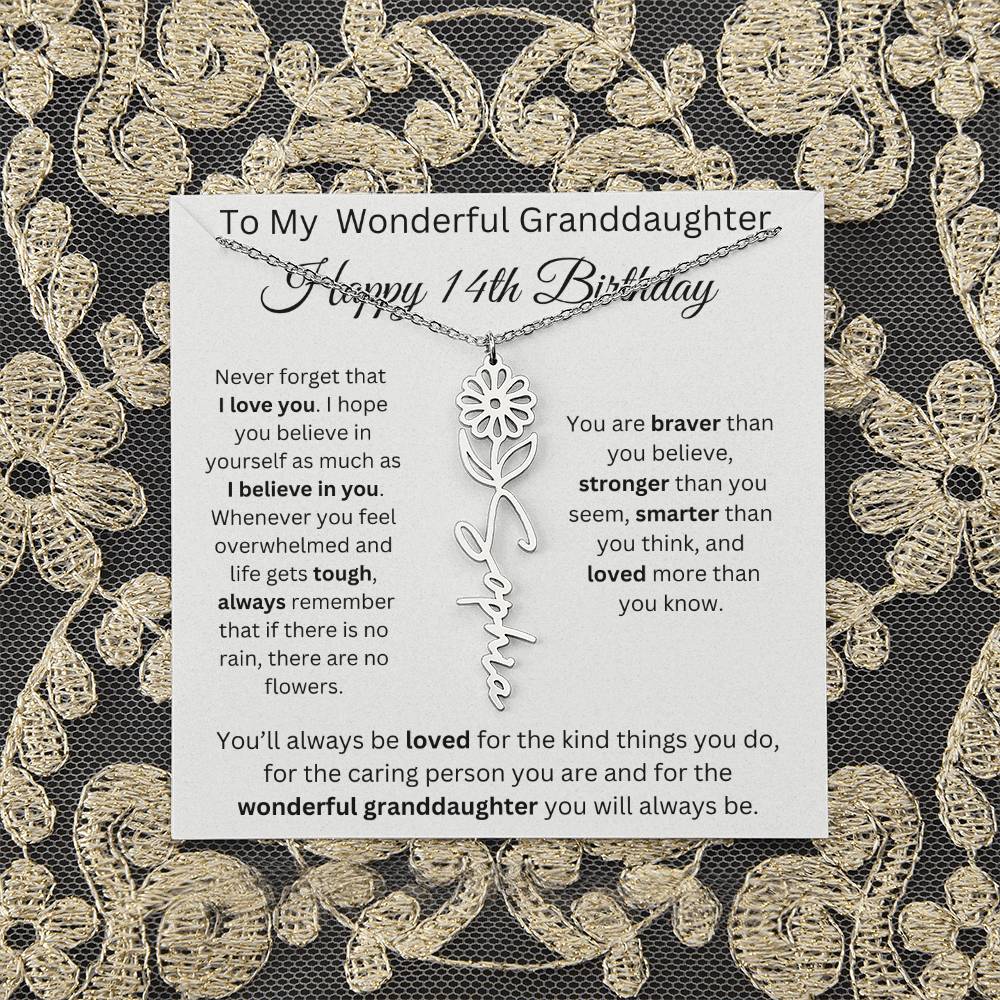 To My Wonderful Granddaughter - Happy 14th Birthday - Flower Name Necklace